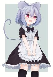 Rule 34 | 1girl, absurdres, alternate costume, animal ears, apron, apron tug, ar (maeus), black dress, black socks, blush, breasts, commentary request, dress, enmaided, fang, frilled apron, frilled dress, frilled sleeves, frills, green background, grey hair, highres, looking at viewer, maid, maid apron, maid headdress, mouse ears, mouse girl, mouse tail, nazrin, open mouth, red eyes, short hair, skin fang, small breasts, smile, socks, solo, sweatdrop, tail, touhou, two-tone background, white apron, white background
