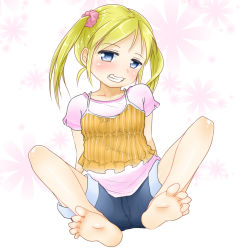 Rule 34 | 1girl, barefoot, blonde hair, blue eyes, blush, child, denim, feet, flat chest, kazuya lolicon, looking at viewer, naughty face, sitting, soles, spread legs, toes, twintails