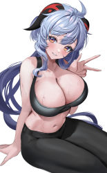 Rule 34 | 1girl, ahoge, alternate breast size, bare arms, bare shoulders, black pants, blue hair, blush, breasts, cleavage, cowboy shot, ganyu (genshin impact), genshin impact, goat horns, gradient eyes, grin, highres, horns, huge breasts, large breasts, long hair, looking at viewer, mikan03 26, multicolored eyes, navel, pants, parted lips, purple eyes, simple background, smile, solo, sports bra, sportswear, stomach, sweat, thighs, w, wet, white background, yoga pants