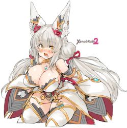 Rule 34 | 1girl, alternate breast size, animal ears, breasts, cat girl, cleavage, covered navel, gem, jewelry, large breasts, leotard, long hair, nia (blade) (xenoblade), nia (xenoblade), nintendo, open mouth, pointy ears, ribbon, sachito, silver hair, spoilers, thighhighs, twintails, very long hair, xenoblade chronicles (series), xenoblade chronicles 2, yellow eyes