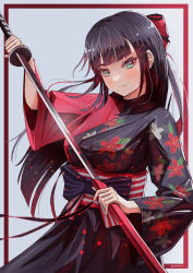 Rule 34 | 1girl, absurdres, alternate costume, artist name, artist request, black hair, black kimono, black skirt, blunt bangs, bow, breasts, corset, female focus, floral print, flower print, frown, green eyes, hair bow, hair ornament, hairclip, hairpin, half updo, highres, holding, holding sword, holding weapon, japanese clothes, kimono, kimono skirt, kurosawa dia, long hair, long sleeves, looking at viewer, love live!, love live! school idol festival, love live! sunshine!!, medium breasts, miniskirt, mole, mole under mouth, obi, perfect sekai, perfect sekai (love live!), plaid, plaid kimono, plaid skirt, pleated, pleated skirt, red bow, red kimono, sash, simple background, skirt, solo, striped, striped bow, sword, two-tone kimono, weapon, wide sleeves