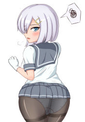 Rule 34 | 10s, 1girl, aqua eyes, ass, blush, breasts, breath, from behind, gloves, hair ornament, hair over one eye, hairclip, hamakaze (kancolle), highres, kantai collection, looking at viewer, looking back, open mouth, panties, panties under pantyhose, pantyhose, pantyshot, school uniform, sideboob, silver hair, skirt, underwear, upskirt, ymtn52