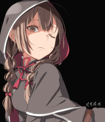 Rule 34 | 1girl, artist name, black background, black capelet, black dress, braid, brown eyes, brown hair, capelet, dress, hair ribbon, hood, hooded capelet, kantai collection, long hair, long sleeves, moti coi, one-hour drawing challenge, one eye closed, red ribbon, ribbon, shinshuu maru (kancolle), signature, simple background, solo, tress ribbon, twin braids, upper body