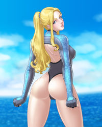 Rule 34 | 1girl, ass, back, backless outfit, blonde hair, blue eyes, blue one-piece swimsuit, breasts, cloud, eyebrows, eyelashes, highres, jiggeh, kolin, lips, looking at viewer, looking back, ocean, one-piece swimsuit, parted lips, solo, standing, street fighter, street fighter v, swimsuit, thick lips, thighs
