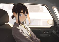 Rule 34 | 1girl, blush, brown eyes, brown hair, car, car interior, closed mouth, commentary request, douki-chan (douki-chan), eye reflection, ganbare douki-chan, grey jacket, highres, jacket, long sleeves, looking at viewer, motor vehicle, reflection, shirt, sidelocks, solo, yellow shirt, yomu (sgt epper)