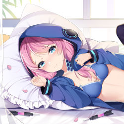 Rule 34 | arknights, blue bra, blue eyes, blue jacket, blue poison (arknights), blush, bra, breasts, cirnos, dart, hands up, hood, hood up, jacket, looking at viewer, low twintails, lying, on bed, on side, open clothes, open jacket, petals, pillow, pink hair, scales, small breasts, smile, twintails, underwear, upper body