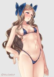 Rule 34 | 1girl, asakaze (kancolle), bikini, blonde hair, blue bikini, blue bow, blue eyes, blush, bow, breasts, grey background, juurouta, kantai collection, long hair, micro bikini, one-hour drawing challenge, open mouth, simple background, small breasts, solo, swimsuit, twitter username, wavy hair