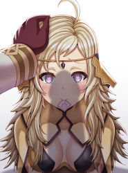 Rule 34 | 1girl, absurdres, ahoge, blonde hair, breasts, circlet, commission, commissioner upload, condom, condom in mouth, condom wrapper, disembodied hand, fire emblem, fire emblem fates, fire emblem heroes, gloves, grey eyes, headpat, heart, heart-shaped pupils, hetero, highres, implied fellatio, kiran (fire emblem), kiran (male) (fire emblem), long hair, looking at viewer, male hand, medium breasts, mouth hold, nintendo, ophelia (fire emblem), penis shadow, saikunartworks, sexually suggestive, solo focus, symbol-shaped pupils