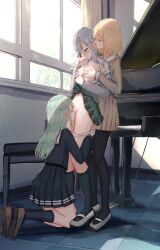 Rule 34 | 3girls, absurdres, bang dream!, bang dream! it&#039;s mygo!!!!!, benevole, black pantyhose, black socks, breasts, closed eyes, clothes lift, cunnilingus, grabbing, grabbing another&#039;s breast, grabbing from behind, grand piano, highres, indoors, instrument, kneehighs, kneeling, lifting own clothes, looking at another, misumi uika, multiple girls, oral, panties, panty pull, pantyhose, piano, pleated skirt, pulling another&#039;s clothes, pussy juice, school uniform, skirt, skirt lift, small breasts, socks, togawa sakiko, underwear, wakaba mutsumi, white panties, yuri