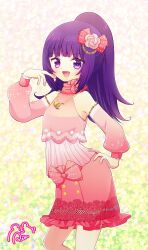 Rule 34 | 1girl, :d, bare shoulders, blunt bangs, bow, cowboy shot, detached sleeves, flower, hair bow, hair flower, hair ornament, hanazono shuka, hand on own hip, hand up, idol clothes, idol time pripara, jewelry, long hair, looking at viewer, necklace, open mouth, pink bow, pink flower, pink rose, pink shirt, pink skirt, ponytail, pretty series, pripara, purple eyes, purple hair, rin (ikura meshi), rose, shirt, signature, skirt, smile, solo, standing