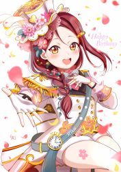Rule 34 | 1girl, artist name, artist request, bare legs, blush, bow, dress, female focus, fingerless gloves, flower, flower print, gloves, hair flower, hair ornament, hair vines, hairclip, highres, long hair, love live!, love live! school idol festival, love live! school idol festival all stars, love live! sunshine!!, nail polish, nails, pants, parted lips, petals, pink nails, pink petals, ranemu, reaching, reaching towards viewer, red flower, red hair, sakurauchi riko, shorts, smile, solo, striped, striped bow, white bow, white dress, white gloves, white headwear, white pants, white shorts