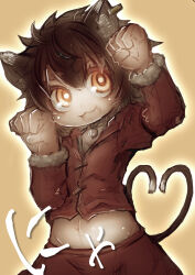 Rule 34 | 1girl, :3, absurdres, animal ear fluff, animal ear piercing, animal ears, brown background, brown eyes, brown hair, cat ears, cat tail, chen, commentary request, cowboy shot, denpa rasaito, earrings, fang, flat chest, fur-trimmed sleeves, fur trim, heart, heart tail, highres, jewelry, long sleeves, looking at viewer, medium bangs, messy hair, midriff, multiple tails, navel, no headwear, open mouth, outie navel, paw pose, red shirt, red skirt, shirt, short hair, skirt, smile, solo, tail, touhou, two tails