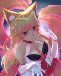 Rule 34 | 1girl, ahri (league of legends), alternate costume, alternate hair color, animal ears, breasts, cleavage, fox ears, fox tail, highres, league of legends, lips, long hair, looking at viewer, magical girl, purple eyes, smile, solo, star guardian (league of legends), star guardian ahri, tail, tiara