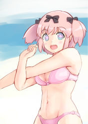 Rule 34 | + +, 10s, 1girl, bikini, blue eyes, blush, bow, breasts, cleavage, derivative work, female focus, gradient background, hair bow, hibari (senran kagura), irohatori, large breasts, looking at viewer, navel, open mouth, pink hair, senran kagura, short hair, short twintails, smile, solo, swimsuit, symbol-shaped pupils, twintails