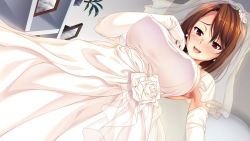 Rule 34 | 1girl, anim mother &amp; wife, blush, breasts, bridal veil, bride, brown hair, covered erect nipples, dress, earrings, elbow gloves, game cg, gloves, hozumi kaoru, huge breasts, ichinose natsumi, itsu made mo musuko no mama ja irarenai!, jewelry, looking at viewer, mature female, open mouth, red eyes, short hair, smile, solo, standing, veil, wedding dress