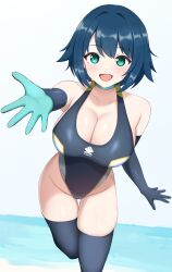 Rule 34 | 1girl, black gloves, black one-piece swimsuit, black thighhighs, blue hair, borrowed character, breasts, cleavage, commission, competition swimsuit, elbow gloves, fukami nana, gloves, green eyes, hair flaps, highres, large breasts, leaning forward, looking at viewer, one-piece swimsuit, original, short hair, skeb commission, smile, solo, surippa1010, swimsuit, thighhighs, two-tone swimsuit
