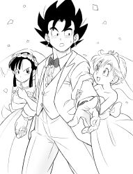 Rule 34 | 1boy, 2girls, arm hug, bead necklace, beads, bow, bowtie, bridal veil, bulma, chi-chi (dragon ball), commentary, dragon ball, dragonball z, dress, earrings, furrowed brow, gloves, highres, jewelry, monochrome, multiple girls, necklace, open mouth, pink mousse, potara earrings, raised eyebrows, short hair, sidelocks, smile, sweatdrop, tiara, traditional bowtie, tuxedo, vegetto, veil, wedding dress
