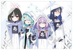 4girls ^_^ absurdres aqua_hair arius_squad_(blue_archive) atsuko_(blue_archive) atsuko_(blue_archive)_(cosplay) b.t._(boob_tong) baseball_cap black_gloves black_hair blue_archive blue_gloves blue_hair blue_halo blue_ribbon blush border bow braid braided_twintails brown_hair closed_eyes closed_mouth collared_dress commentary cosplay double_v dress gloves hair_between_eyes hair_bow hair_ornament hair_over_one_eye hair_over_shoulder hairclip halo hands_up hat highres hiyori_(blue_archive) hood hood_up hooded_jacket jacket jitome lapels long_hair long_sleeves looking_at_viewer low_twin_braids low_twintails misaki_(blue_archive) multicolored_hair multiple_girls no_mouth nose_blush one_eye_covered open_clothes open_jacket open_mouth parted_bangs puffy_long_sleeves puffy_sleeves purple_hair raised_eyebrows red_eyes red_halo ribbon saori_(blue_archive) short_hair sidelocks smile streaked_hair symbol-only_commentary turtleneck twin_braids twintails two-tone_gloves v v-shaped_eyebrows very_long_hair w white_border white_dress white_hat white_jacket yellow_bow