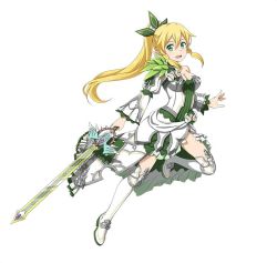 Rule 34 | 10s, 1girl, armor, armored dress, blonde hair, boots, braid, breasts, cleavage, detached sleeves, dress, from side, full body, green eyes, green ribbon, hair ribbon, high ponytail, holding, holding sword, holding weapon, leafa, leg up, long hair, looking at viewer, medium breasts, open mouth, pointy ears, ribbon, simple background, sleeveless, sleeveless dress, solo, strapless, strapless dress, sword, sword art online, thigh boots, thighhighs, twin braids, very long hair, weapon, white background, white footwear