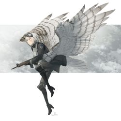 Rule 34 | 1girl, asterisk kome, battle rifle, bird tail, bird wings, boots, burn scar, cloud, commentary request, flying, fn fal, frances royce, goggles, goggles on head, grey jacket, grey pants, grey sky, gun, highres, holding, holding gun, holding weapon, jacket, military, pants, rifle, scar, scar on face, short hair, signature, sky, solo, tagme, tail, weapon, white hair, white wings, winged fusiliers, wings