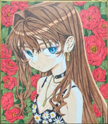 Rule 34 | 1girl, black choker, black dress, blue eyes, brown hair, choker, closed mouth, dress, earrings, elisia valfelto, flower, hair intakes, highres, jewelry, looking at viewer, luicent, necklace, original, photoshop (medium), red flower, solo, traditional media, upper body