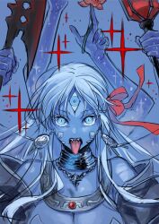 Rule 34 | 1girl, blue background, blue eyes, blue skin, breasts, colored skin, earrings, extra arms, fangs, fate/grand order, fate (series), flower, holding, holding flower, jewelry, kali (fate), large breasts, long hair, rkp, third eye, tongue, tongue out, white hair
