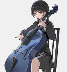 Rule 34 | 1girl, addams family, animification, black eyes, black hair, black nails, black skirt, braid, cello, closed mouth, grey background, highres, holding, holding instrument, instrument, long hair, long sleeves, looking at viewer, music, nail polish, on chair, playing instrument, rero (bigdoorbig2), simple background, sitting, skirt, twin braids, wednesday (netflix), wednesday addams