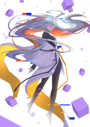 Rule 34 | 1girl, absurdres, black gloves, counter:side, cube, closed eyes, full body, glitch, gloves, highres, honeycomb (pattern), long hair, mr yue jian, multicolored hair, orange hair, partially fingerless gloves, sigma (counter:side), silver hair, solo, two-tone hair, white background
