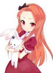 Rule 34 | 1girl, blush, dress, face, forehead, frown, hugging doll, hugging object, idolmaster, idolmaster (classic), index finger raised, long hair, minase iori, orange hair, p-nut, pointing, pointing up, red eyes, simple background, solo, stuffed animal, stuffed rabbit, stuffed toy, white background