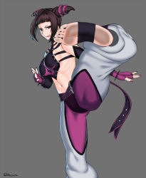 Rule 34 | 1girl, barefoot, belt, blaccura, black hair, bracelet, breasts, detached sleeves, drill hair, feet, female focus, fingerless gloves, gloves, halterneck, halterneck, han juri, highres, jewelry, large breasts, midriff, multiple belts, navel, pantyhose, pink pantyhose, purple eyes, ribs, sideboob, solo, spiked bracelet, spikes, standing, standing on one leg, street fighter, street fighter iv (series), toes, tongue, tongue out, twin drills