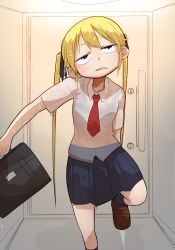 Rule 34 | 1girl, black skirt, black socks, blonde hair, blouse, bra visible through clothes, briefcase, brown footwear, doorway, exhausted, grief loss, highres, indoors, jitome, kill me baby, leg up, loafers, long hair, necktie, pleated skirt, purple eyes, school briefcase, school uniform, see-through, shirt, shoes, short sleeves, skirt, socks, solo, sonya (kill me baby), standing, twintails, wet, wet clothes, wet hair, wet shirt, wet skirt, white shirt