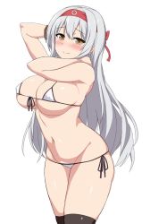 Rule 34 | 10s, 1girl, arms up, bikini, black thighhighs, blush, breasts, brown gloves, cleavage, closed mouth, front-tie top, gloves, groin, hairband, kantai collection, large breasts, long hair, looking at viewer, micro bikini, navel, sama samasa, shoukaku (kancolle), side-tie bikini bottom, silver hair, simple background, single glove, skindentation, smile, solo, standing, swimsuit, thighhighs, very long hair, white background, white bikini, yellow eyes