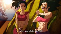 Rule 34 | 2girls, abs, absurdres, bare shoulders, battle damage, belt, big hair, black eyes, black hair, breasts, bruise, caulifla, closed eyes, derivative work, dragon ball, dragon ball super, earrings, english text, highres, injury, jewelry, kale (dragon ball), midriff, multiple girls, navel, nod9, open mouth, pants, ponytail, screenshot redraw, shorts, smile, spiked hair, subtitled, tank top