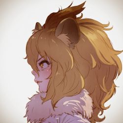 Rule 34 | 10s, 1girl, animal ear fluff, animal ears, bad id, bad twitter id, blonde hair, commentary request, fang, from side, fur collar, highres, kemono friends, lion (kemono friends), lion ears, portrait, profile, realistic, short hair, solo, takami masahiro
