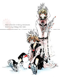 Rule 34 | 2boys, black footwear, black hood, black pants, blonde hair, blush, branch, brown hair, closed eyes, coat, commentary, eguana, english commentary, english text, facing viewer, happy, happy new year, holding, holding branch, hood, hooded coat, hooded jacket, jacket, kingdom hearts, kingdom hearts ii, long coat, male focus, merry christmas, mittens, multiple boys, new year, open mouth, outdoors, pants, red eyes, red mittens, roxas, shoes, short hair, simple background, sitting, smile, snow, snowflakes, snowing, snowman, sora (kingdom hearts), spiked hair, standing, white background, white coat, white jacket, winter