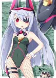 Rule 34 | 10s, 1girl, animal ears, bodysuit, d:, eyepatch, fake animal ears, fishnet pantyhose, fishnets, hand on own hip, infinite stratos, laura bodewig, leotard, long hair, open mouth, pantyhose, pilot suit, playboy bunny, rabbit ears, red eyes, reku, silver hair, solo, very long hair, wrist cuffs