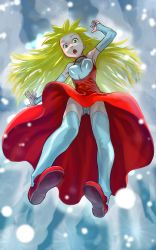 Rule 34 | 1girl, armpits, blonde hair, bouncing breasts, breasts, detached sleeves, dress, falling, green eyes, highres, jewelry, necklace, open mouth, original, panties, pantyshot, red dress, snow, solo, soon (c-u-soon), thighhighs, underwear, white panties, white thighhighs
