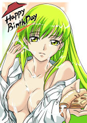 Rule 34 | 00s, 1girl, breasts, c.c., cheese, code geass, food, green hair, long hair, nipples, open clothes, open shirt, pizza, pizza hut, product placement, sexually suggestive, shirt, solo, suggestive fluid, what, yellow eyes