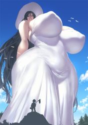 Rule 34 | 1other, ambiguous gender, ass, belly, black hair, blue sky, breasts, covered erect nipples, curvy, dress, expressionless, from below, giant, giantess, gigantic breasts, hasshaku-sama, hat, huge ass, impossible clothes, impossible dress, kisuu, long hair, looking at viewer, looking down, net, plump, pursed lips, sky, sun hat, sundress, tall female, thick thighs, thighs, very long hair, white dress, white headwear, wide hips