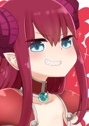 Rule 34 | 1girl, armor, blue eyes, blush, collarbone, elizabeth bathory (brave) (fate), elizabeth bathory (fate), fate/grand order, fate (series), grin, hair between eyes, highres, i.u.y, long hair, looking at viewer, pauldrons, pointy ears, red background, red hair, sharp teeth, shoulder armor, sidelocks, smile, solo, teeth, two-tone background, upper body, v-shaped eyebrows, white background
