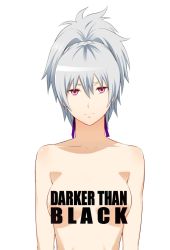 Rule 34 | 1girl, breasts, censored, censored nipples, convenient censoring, darker than black, female focus, highres, nude, silver hair, simple background, solo, staring, white background, yin (darker than black)