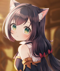 Rule 34 | 1girl, aged down, animal ear fluff, animal ears, black hair, blush, bow, cat ears, cat girl, closed mouth, from side, green eyes, hair bow, karyl (princess connect!), long hair, low twintails, multicolored hair, princess connect!, red bow, solo, spi, streaked hair, twintails, upper body, white hair