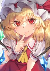 Rule 34 | 1girl, ascot, blonde hair, blush, breasts, closed mouth, collarbone, collared shirt, commentary request, crystal, dress, eyelashes, eyes visible through hair, fang, fingernails, flandre scarlet, frilled shirt, frills, grey hat, hair between eyes, hat, hat ribbon, highres, jewelry, long fingernails, looking at viewer, medium breasts, mob cap, multicolored wings, nail polish, one side up, pink nails, puffy short sleeves, puffy sleeves, red dress, red eyes, red ribbon, ribbon, shirt, short hair, short sleeves, simple background, smile, solo, standing, suiete, touhou, white background, white shirt, wings, wrist cuffs, yellow ascot