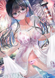 Rule 34 | 1girl, absurdres, black hair, blue eyes, blush, bow, bow bra, bra, bra visible through clothes, breasts, cleavage, closed mouth, clothes lift, collarbone, commentary request, dress, dress lift, fireworks, floral print, glasses, highres, lace, lace-trimmed bra, lace-trimmed panties, lace trim, ladder, large breasts, lighthouse, long hair, looking at viewer, navel, night, ogata tei, original, panties, partially submerged, pink bra, pink panties, print bra, print panties, see-through, smile, square neckline, unbuttoned, underwear, wading, wet, wet clothes, wet dress, white dress
