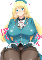 Rule 34 | 10s, 1girl, atago (kancolle), bifidus, blonde hair, blue eyes, blue hat, breasts, crotch seam, gloves, hat, kantai collection, large breasts, long hair, looking at viewer, panties, panties under pantyhose, pantyhose, simple background, sitting, smile, solo, thick thighs, thighband pantyhose, thighs, underwear, wariza, white background, white panties