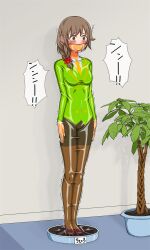 Rule 34 | 1girl, adapted costume, blush, bodysuit, brown eyes, brown hair, covered mouth, gag, highres, idolmaster, idolmaster cinderella girls, indoors, latex, noiharu (neuhal), plant, potted plant, restrained, senkawa chihiro, skin tight, solo, tearing up, trembling