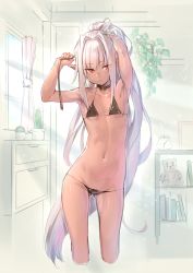 Rule 34 | 1girl, absurdly long hair, absurdres, armpits, arms up, bikini, black bikini, bow, bow bikini, breasts, choker, chuuko (deluxe&lt;&lt;&lt;), commentary request, contrapposto, cropped legs, dark-skinned female, dark elf, dark skin, deluxe&lt;&lt;&lt;, elf, expressionless, eyes visible through hair, female focus, flat chest, gluteal fold, hair ribbon, highres, indoors, long hair, looking at viewer, lowleg, lowleg bikini, navel, original, pointy ears, ponytail, red eyes, ribbon, silver hair, small breasts, solo, standing, string bikini, sunlight, swimsuit, tying hair, very long hair