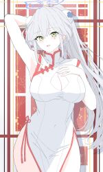 Rule 34 | 1girl, absurdres, alternate costume, alternate hairstyle, arm behind head, arm up, armpits, breasts, china dress, chinese clothes, cleavage, cleavage cutout, clothing cutout, covered navel, double bun, dress, girls&#039; frontline, green eyes, grey hair, hair bun, hair ornament, highres, hk416 (girls&#039; frontline), large breasts, long hair, looking at viewer, smile, solo, uchikata takeaki, very long hair, white dress