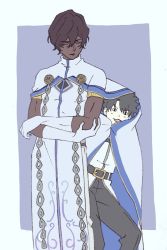 Rule 34 | &lt;|&gt; &lt;|&gt;, 2boys, :3, :d, arjuna (fate), belt, black hair, black pants, brown hair, cape, crossed arms, dark skin, dark-skinned male, closed eyes, fate/grand order, fate (series), fujimaru ritsuka (male), gloves, hair between eyes, height difference, highres, jacket, mi (pic52pic), multiple boys, open mouth, pants, purple background, simple background, smile, standing, white cape, white gloves