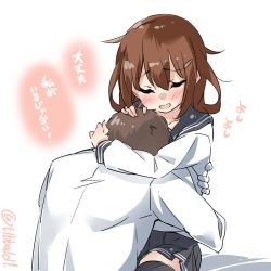 Rule 34 | 10s, 1boy, 1girl, admiral (kancolle), arm around neck, bad id, bad twitter id, black skirt, black thighhighs, blush, brown hair, closed eyes, collarbone, ebifurya, gloves, hair between eyes, hair flaps, hair ornament, hairclip, hands on another&#039;s head, head hug, hetero, highres, hug, ikazuchi (kancolle), inactive account, kantai collection, long hair, long sleeves, open mouth, pleated skirt, school uniform, serafuku, short hair, simple background, sitting, skirt, thighhighs, translated, twitter username, white background, white gloves, zettai ryouiki